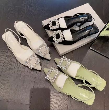 New Design Pointed Toe High Heels Sandals Rhinestone square Buckle Medium Heel Office Shoes Wedding Shoes for Ladies