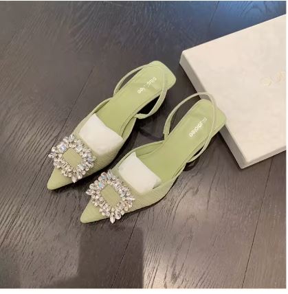 New Design Pointed Toe High Heels Sandals Rhinestone square Buckle Medium Heel Office Shoes Wedding Shoes for Ladies