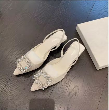 New Design Pointed Toe High Heels Sandals Rhinestone square Buckle Medium Heel Office Shoes Wedding Shoes for Ladies