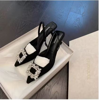New Design Pointed Toe High Heels Sandals Rhinestone square Buckle Medium Heel Office Shoes Wedding Shoes for Ladies