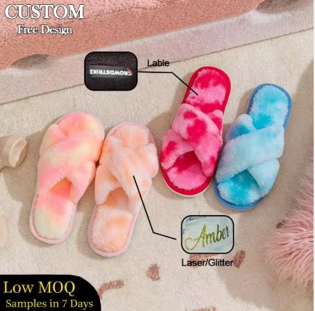Custom logo Cross Glitter Letter Opening Toe Rainbow Camouflage Anti slip Flat Bottomed Fur Home slippers