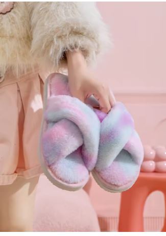 Custom logo Cross Glitter Letter Opening Toe Rainbow Camouflage Anti slip Flat Bottomed Fur Home slippers