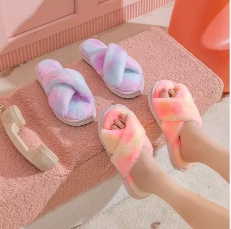 Custom logo Cross Glitter Letter Opening Toe Rainbow Camouflage Anti slip Flat Bottomed Fur Home slippers